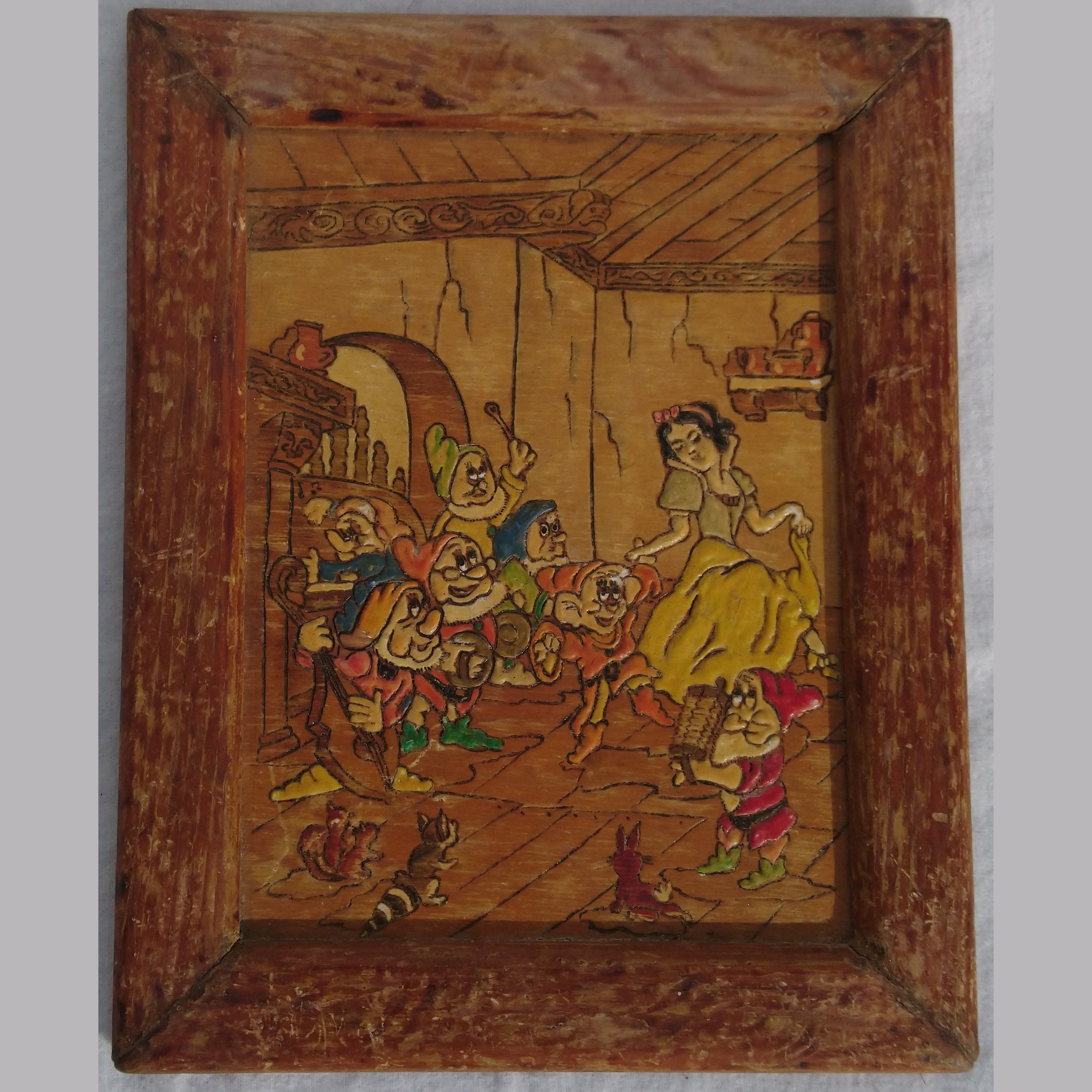 Tableau en bois marqueté de Blanche Neige et les 7 nains Walt Disney - Wooden marquetry table of Snow White and the Seven Dwarfs Walt Disney
