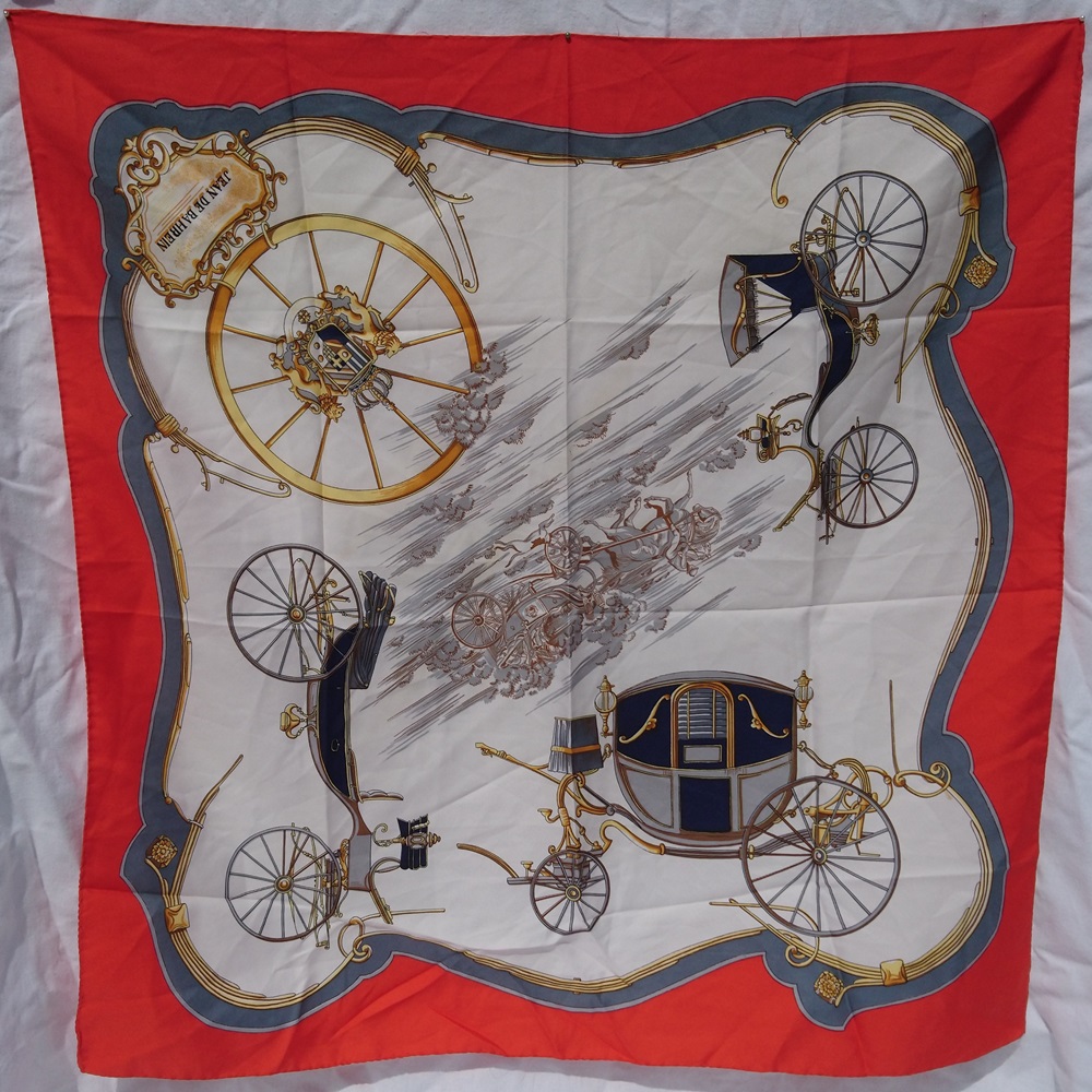 Foulard Jean de Barhein au décor de calèches France - Scarf Jean de Barhein with a carriages decor France