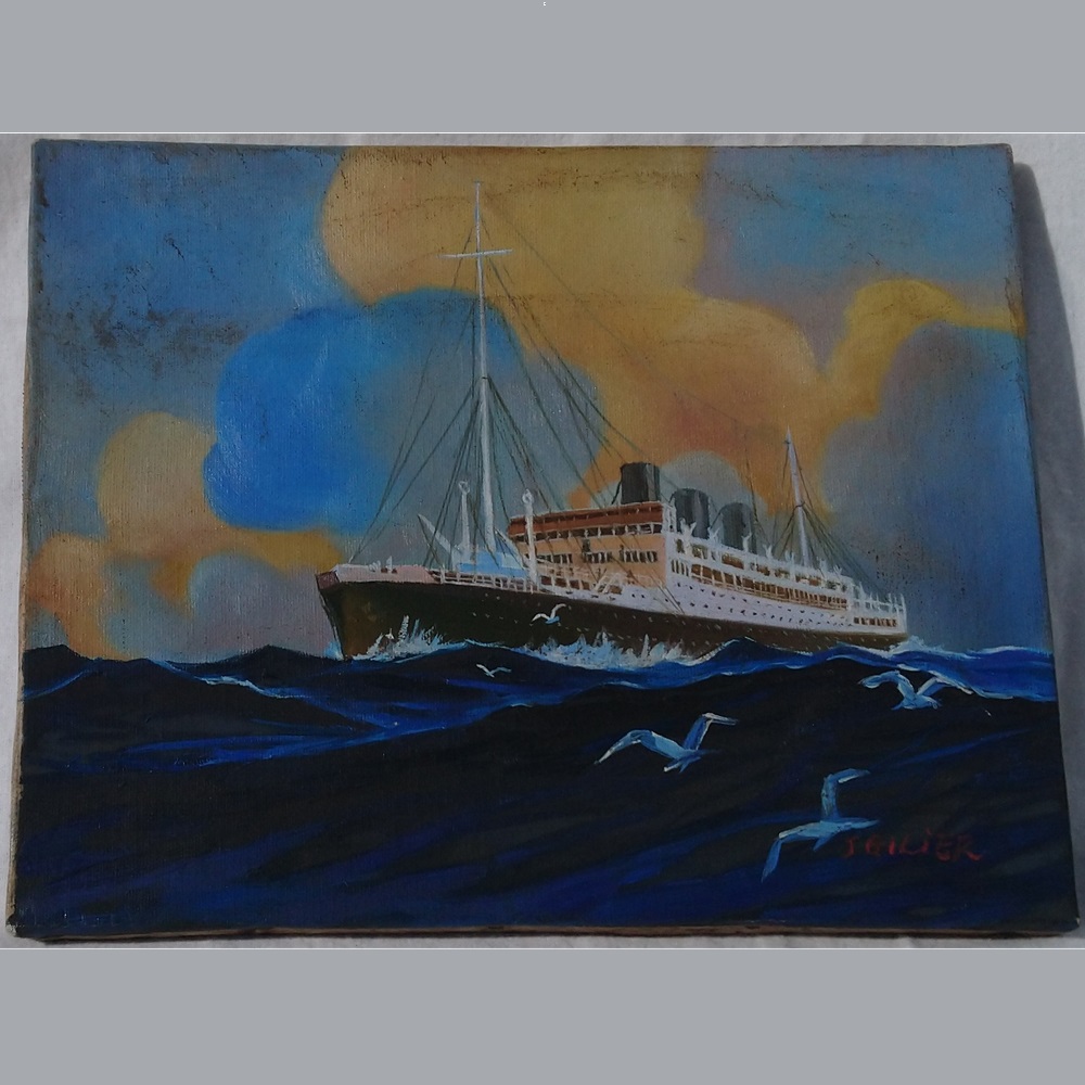Tableau peinture huile acrylique sur toile paquebot 3 cheminées signée - Oil acrylic painting on canvas of a liner with 3 smokestacks signed Tableau peinture huile acrylique sur toile paquebot 3 cheminées signée - Oil acrylic painting on canvas of a liner with 3 smokestacks signed