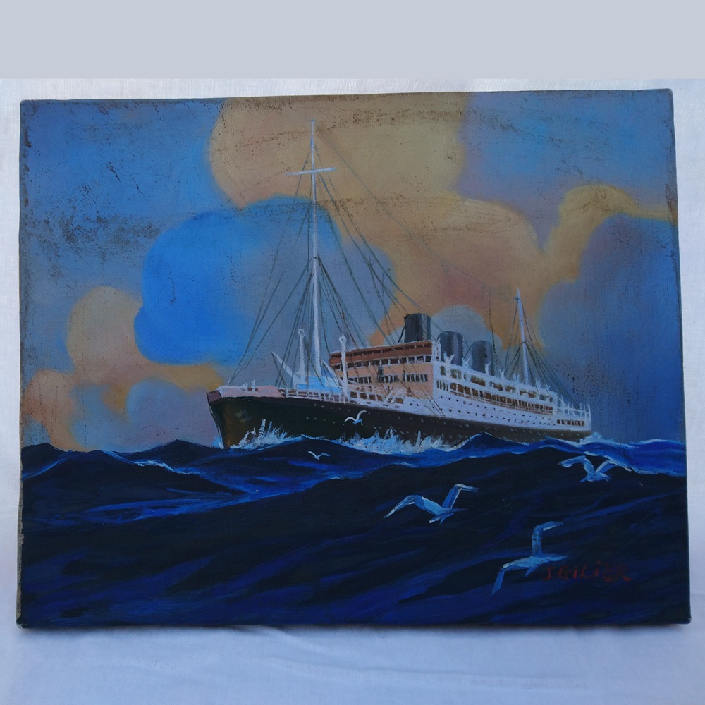 Tableau peinture huile acrylique sur toile paquebot 3 cheminées signée - Oil acrylic painting on canvas of a liner with 3 smokestacks signed